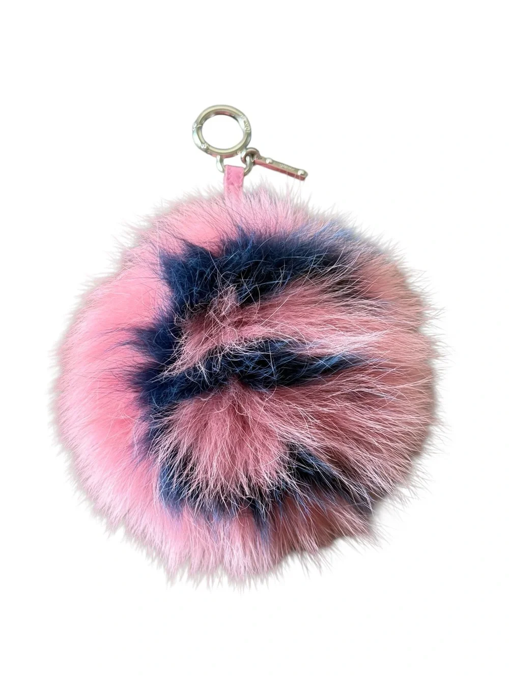 Authentic Fendi ABC Letter E Fox Fur Pom Pom Bag Charm Pink Navy Made in Italy